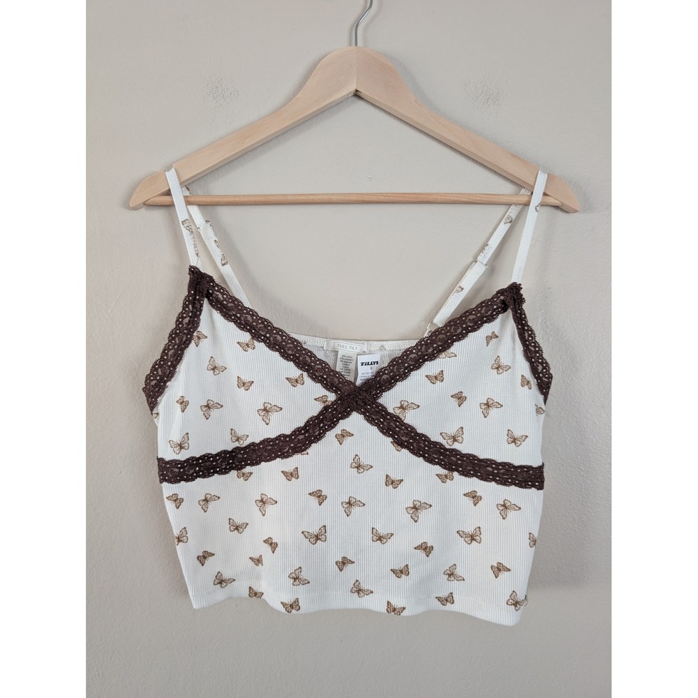 Y2K Butterfly Lace Trim Cami Crop Top Cottage Summer Indie Nature Juniors XXL